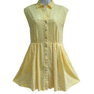 Betsey Johnson Yellow Eyelet Embroidered Button Front Shirtwaist Dress Pockets 2